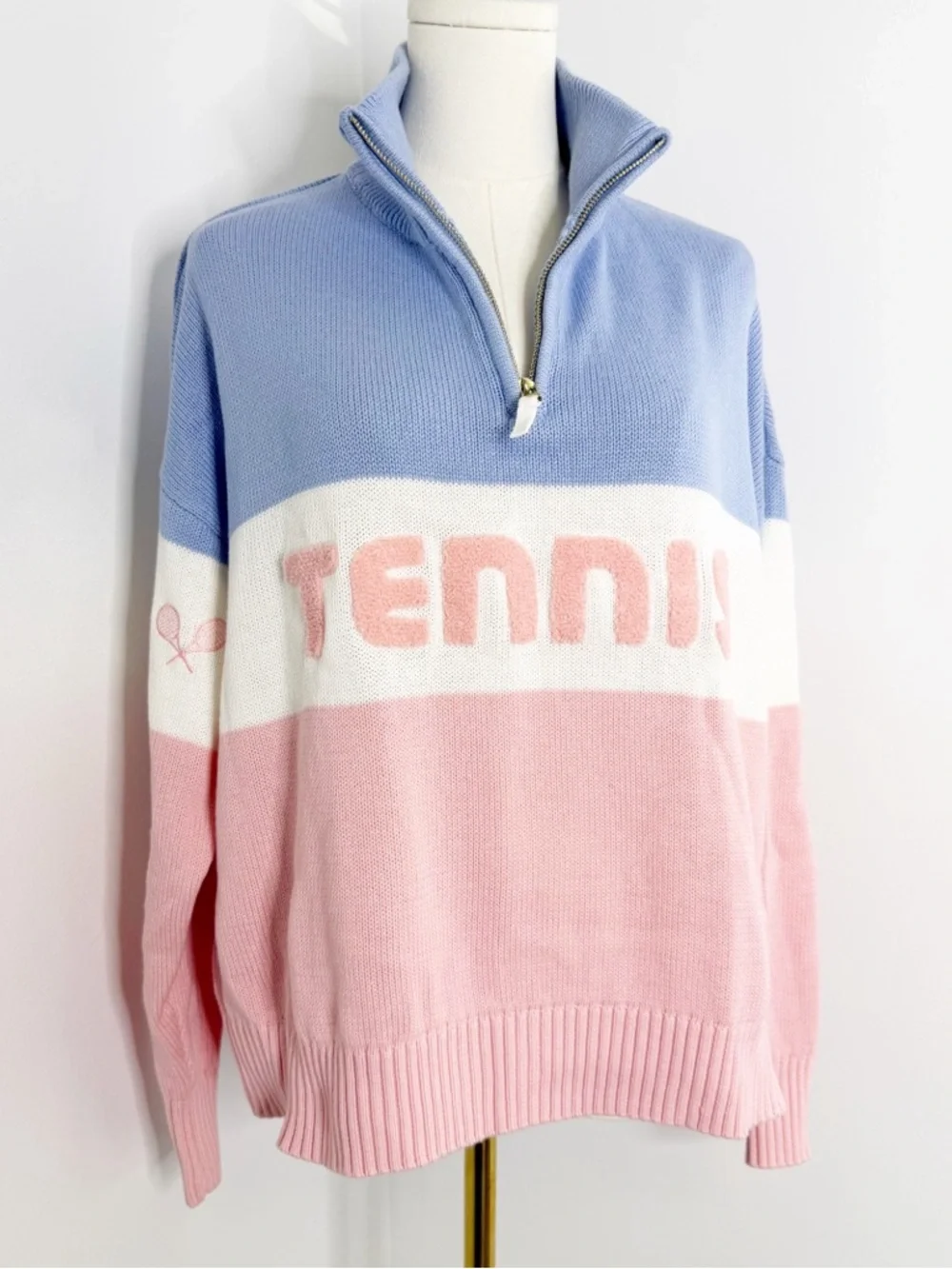 Ellsworth & Ivy Tennis Quarter Zip Sweater Small Blue Pink Colorblock Preppy